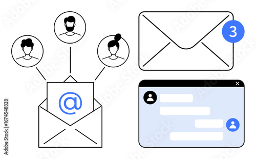Open envelope with emails, user connections, notification badge, webmail interface. Ideal for communication, email management, teamwork, networking, notifications connectivity simple landing page