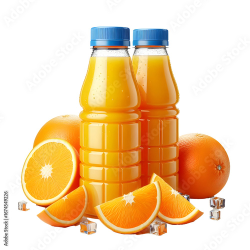 plastic bottle with orange juice isolated on white background	