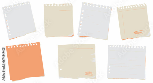 Collection of Torn and Aged Paper Notes with Lined and Grid Backgrounds Showing Wrinkles and Rough Edges Perfect for Collage or Scrapbooking Projects Background Textures