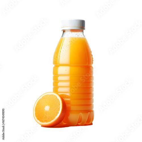 plastic bottle with orange juice isolated on white background	