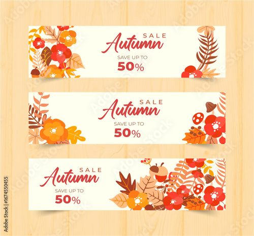 Autumn sale banner with vibrant fall leaves in orange, yellow, and red. Festive design with "Get up to 25%,50%,70% off" text, perfect for seasonal promotions, marketing, and social media campaigns.