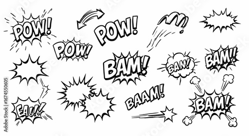 Collection of Hand Drawn Comic Book Style Sound Effect Words and Explosions for Graphic Design Projects