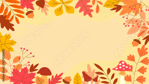 Beautiful autumn landscape background with vibrant orange, red, and yellow leaves, sunlight filtering through trees, fallen leaves on the ground, peaceful and natural atmosphere.