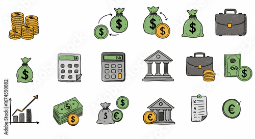 Collection of Financial Icons and Symbols Representing Money Wealth and Economic Growth Business Concepts