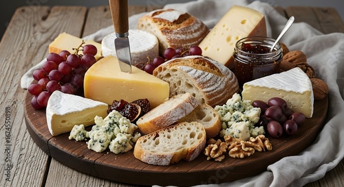 Gourmet cheese board with assorted cheeses bread grapes nuts and jam presented on a rustic wooden platter for a delightful culinary experience