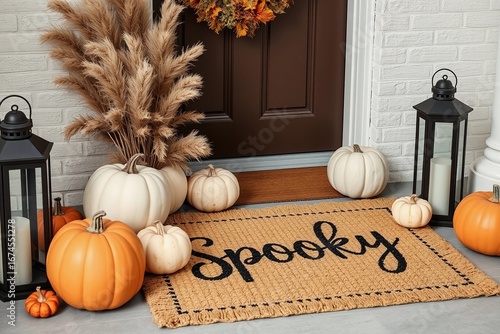 Fall porch with pumpkins, lanterns, and spooky doormat