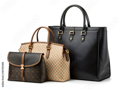 Three stylish leather and woven handbags arranged together