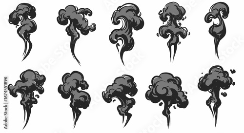 Collection of Diverse Black Smoke Wisps and Cloud Illustrations for Visual Projects and Design Elements