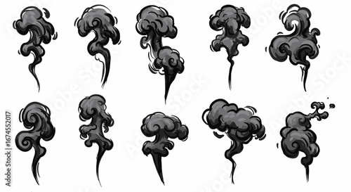 Collection of stylized dark smoke wisps and trails in various dynamic poses illustrating the concept of atmospheric effects and visual elements for graphic design and animation purposes