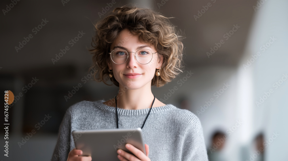 Obraz premium Engaged young woman using tablet in modern office space lifestyle