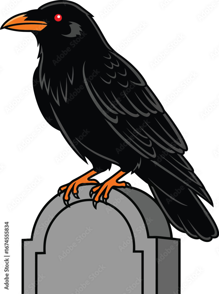 Obraz premium Raven perched on a tombstone with glowing red eyes vector illustration for Halloween and gothic themes perfect for designs