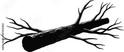 Solid black silhouette of a fallen log with visible branches, flat 2D vector, white background 