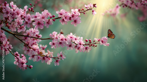Scenic spring landscape with blooming cherry blossom branches, delicate pink flowers, and a butterfly illuminated by warm sunlight rays