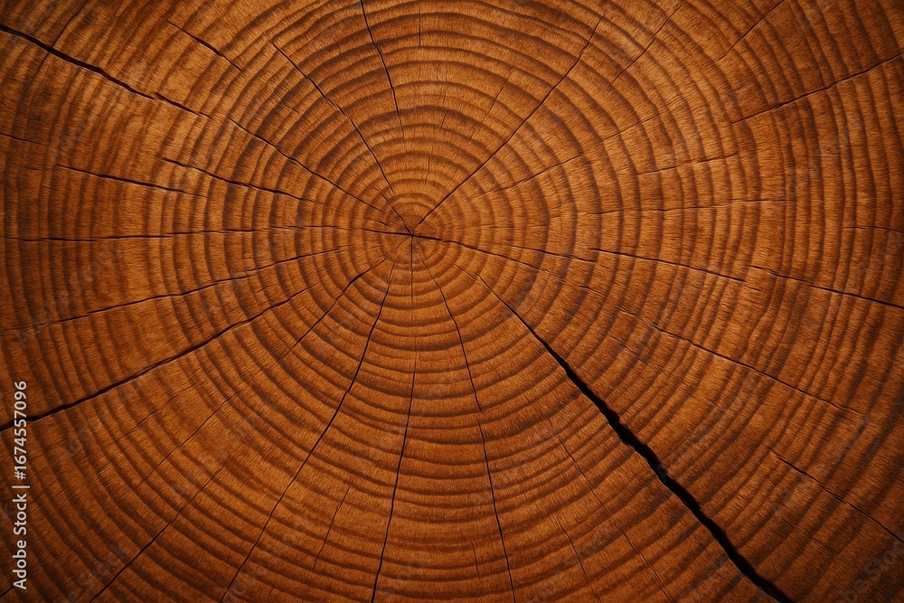 Fototapeta premium Ancient oak tree cross-section revealing intricate growth rings pattern in rich warm wood tones