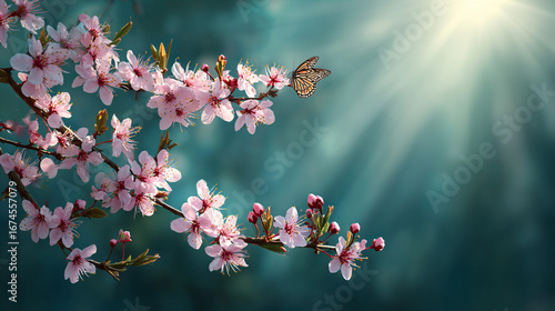 Scenic spring landscape with blooming cherry blossom branches, delicate pink flowers, and a butterfly illuminated by warm sunlight rays