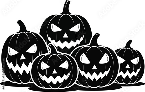 Spooky Halloween Pumpkin Patch Black and White Illustration for Festive Holiday Decorations and Creepy Designs