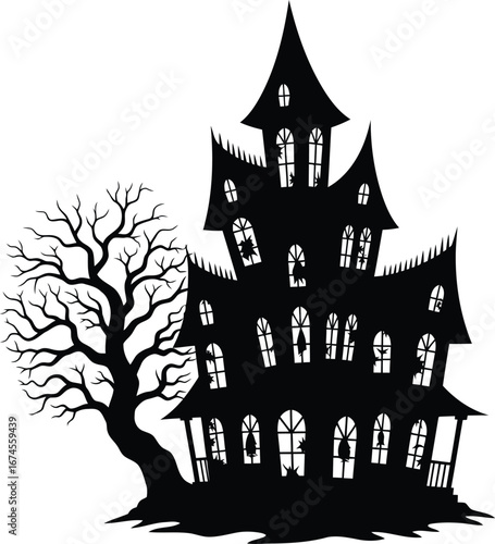 Spooky Haunted House Silhouette with a Bare Tree Against White Background Depicting Halloween and Supernatural Themes
