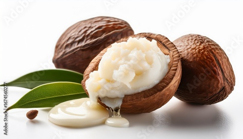 vibrant photo of shea butter dripping from open shea nuts on white background
