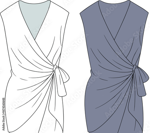Sleeveless side knot wrap dress flat sketch, fashion illustration, elegant draped design, vector CAD drawing for women's clothing design