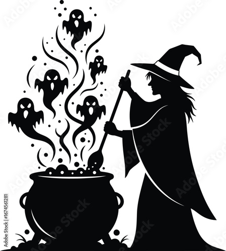 Black and White Witch Stirring Cauldron with Ghosts Halloween Spooky Season Illustration Design Vector