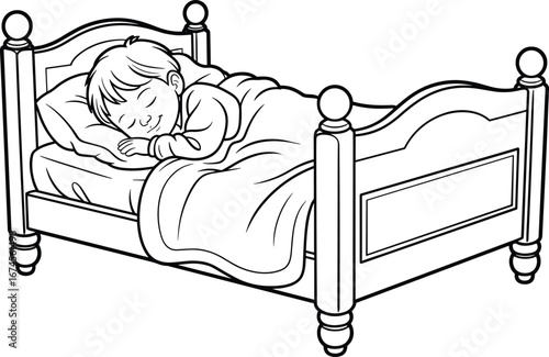 Sleeping child in cozy bed, peaceful baby, restful sleep, comfortable blanket, sweet dreams, bedtime, calm, innocence, toddler sleeping, night time