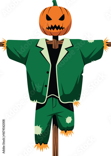 Cartoon Pumpkin Head Scarecrow Illustration for Halloween Season and Autumn Festivities with Copy Space