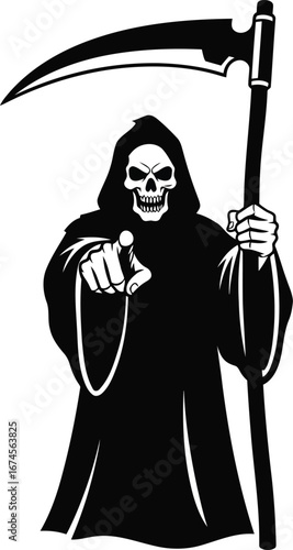 Grim Reaper Pointing with Scythe Black and White Illustration for Halloween Concept and Death Theme Visuals Perfect for Posters and Designs