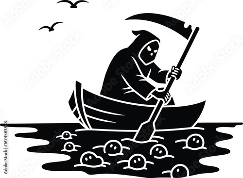 Grim Reaper Rowing Boat over Soul Sea in Black and White with Seagulls on Top of a Dark Water