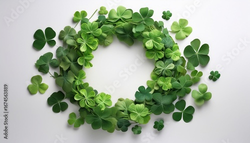 circular wreath of green leaves and clovers on a white background