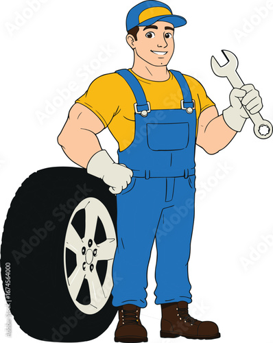 Strong mechanic holding wrench, standing next to car tire, wearing blue overalls and cap, smiling worker, automotive repair service