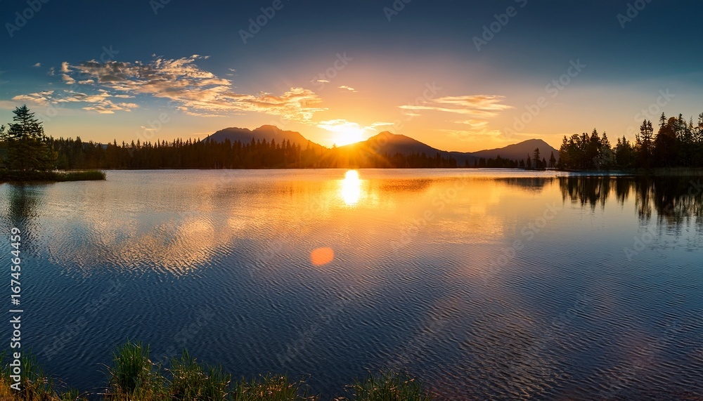 Fototapeta premium calm sunset reflections on tranquil lake creating warm atmosphere