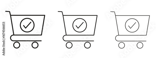Shopping cart check icon in linear versions. Editable line