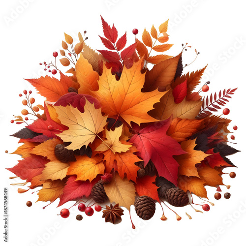 Pile of autumn colored leaves isolated on white background