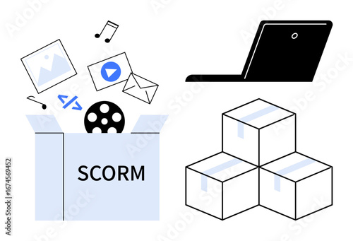 Open box labeled SCORM with media, code, and documents, laptop, stacked packages. Ideal for eLearning, technical standards, content distribution, digital education teamwork training simple flat