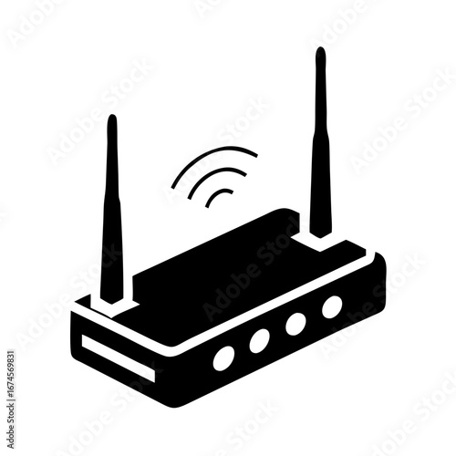 Vector art of wireless router icon with two antennas and wifi signal for internet connection and network access point