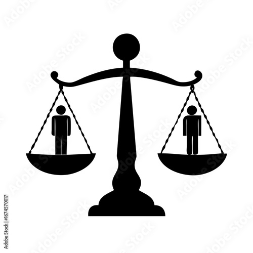 Vector art of balance scale with two people, representing equality, justice, and fairness in society