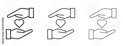 Hand holding heart icon in linear versions. Editable line