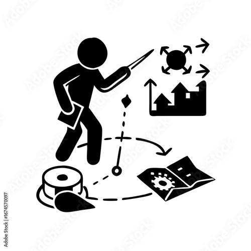 Vector art of a business strategist presenting a plan with charts and diagrams