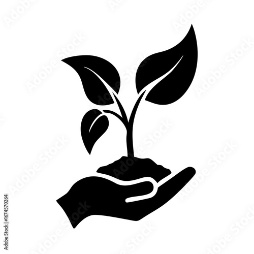 Illustration of a hand holding a growing plant, representing care for nature and environmental sustainability