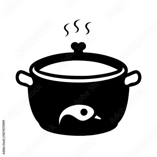 Vector art of cooking pot icon, a kitchen utensil for cooking food over heat with steam coming out of the lid