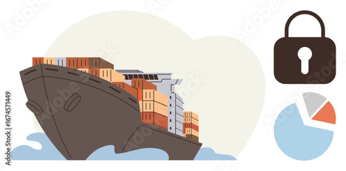 Cargo ship loaded with containers sailing on water, padlock symbolizing security, and a pie chart. Ideal for logistics, trade, shipping, security, data supply chain and business analysis. A simple