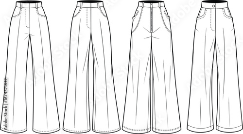 Women wide leg pants, flared trousers, fashion flat sketch, front and back view, technical drawing, trendy bottom wear, stylish fit