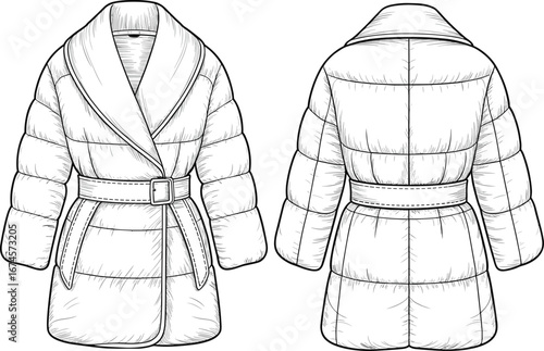 Women’s belted puffer coat flat sketch, winter warm jacket, quilted design, shawl collar, padded outerwear, stylish insulated, cold weather