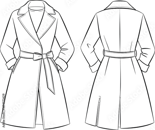 Women’s belted trench coat flat sketch, front and back views, long sleeve coat design, waist tie belt, classic outerwear illustration