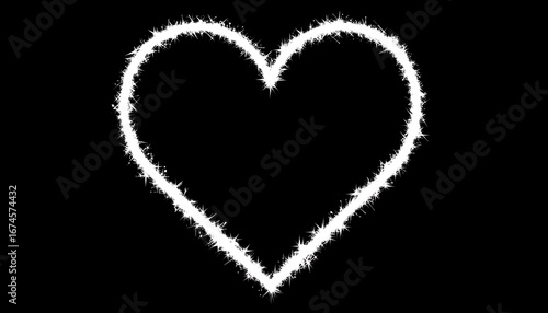 A simple, white, outlined heart shape on a black background.  A textured, spiky outline