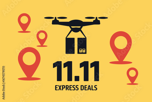 A drone delivering packages with location pins and express deals on a yellow background design style