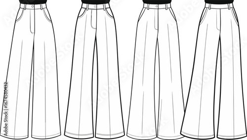 High waist wide leg pants fashion sketch, technical flat drawing, front views, four styles, trendy women’s trousers, vector template
