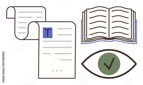 Open book, typed document, and green checkmark in an eye icon emphasizing reading, editing, approval. Ideal for publishing, proofreading, compliance, education quality control documentation focus