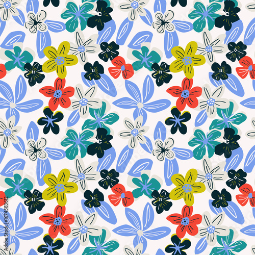 Wallpaper Mural Cute floral seamless pattern. Abstract vector background with hand-drawn flowers, leaves. Childish naive summer texture in bright colours. Simple funky all-over design for decor, textile, print, cover Torontodigital.ca