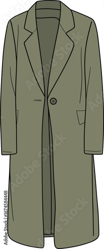 Long green overcoat, single button coat design, classic lapel collar, full sleeve winter outerwear, elegant fashion garment, stylish men’s coat